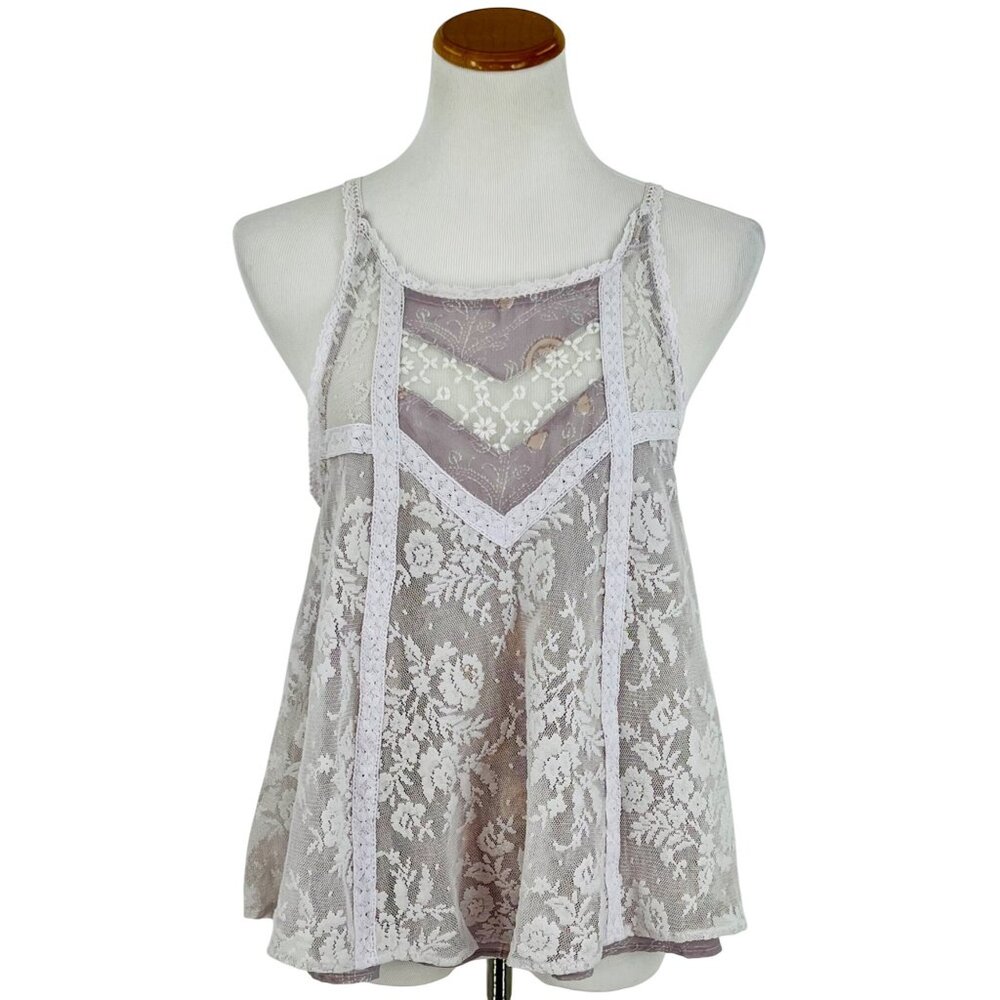 Free People Paisley Floral Lavender Tie Sides Layered Lace Top S | Fairy Grunge